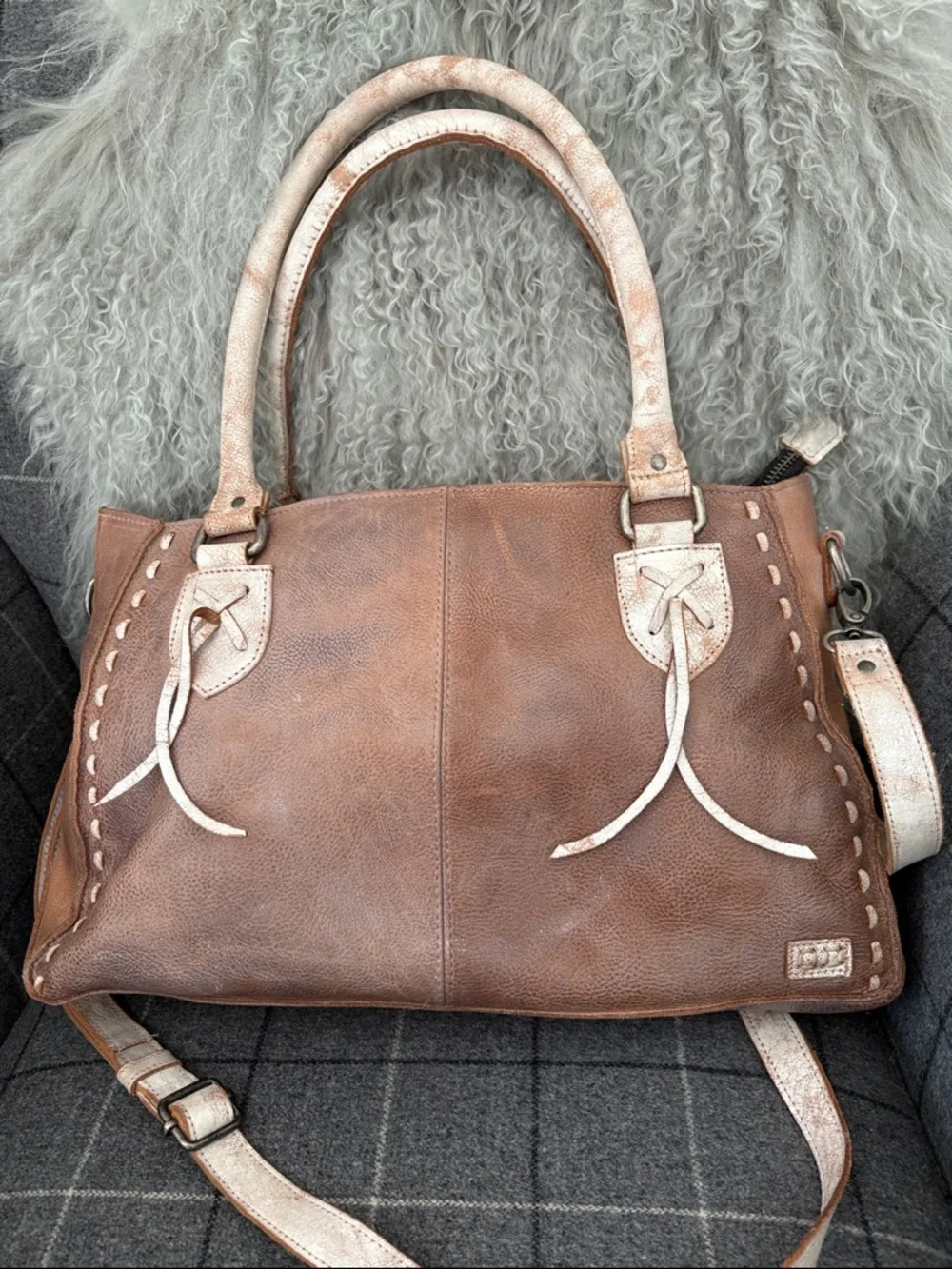 Bed Stu Brown Leather Satchel with Metallic Rose Trim - Picture 3 of 4